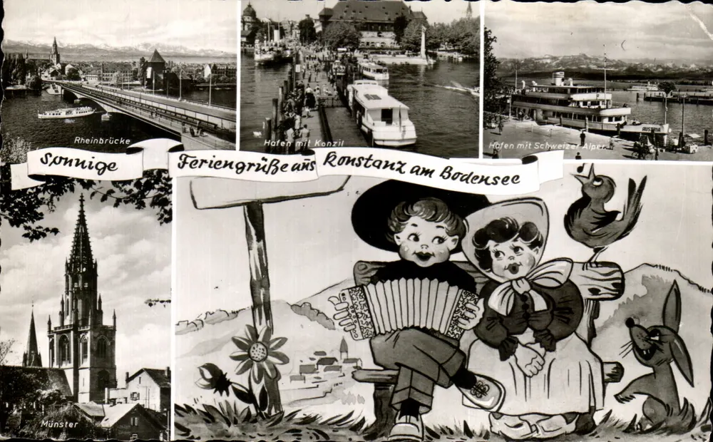 Rheinbrücke, Hafen mit Konstanz, Hafen mit Schweizer Alpen — Feriengrüße aus Konstanz am Bodensee — Münster — Verlag FOTOPRINT Balingen, Echt Foto Nr. 1 101265 - Vorderseite