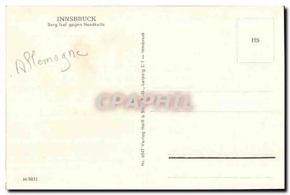 Innsbruck — Berg Isel frente a Nordkette — editor Stein & Helff, n.º 6047 - Reverso