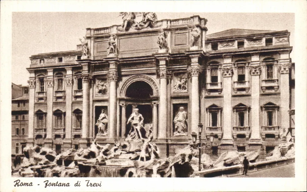 Roma - Fontana di Trevi — vista da fonte com esculturas e colunas — editor T.L.M. - Frente