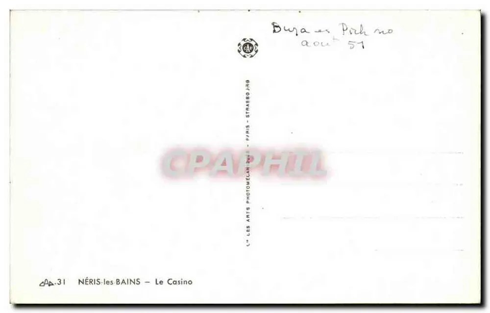 Néris-les-Bains — O Casino — Les Arts Photographiques, Paris - Verso