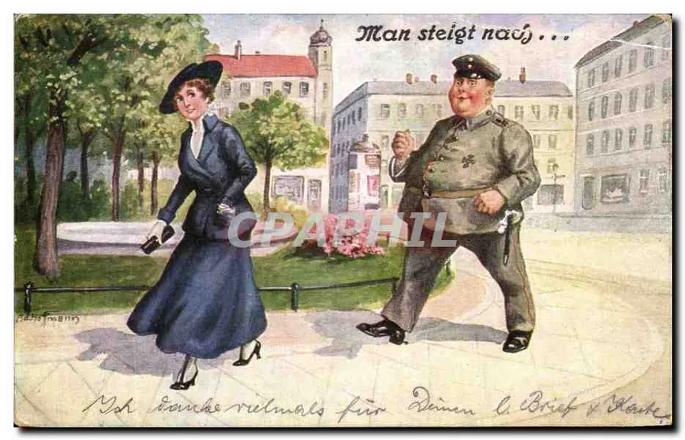 Soldat et femme marchant dans une rue — scène humoristique avec texte imprimé 'Man steigt nach...' — éditeur Schützmann, n° 5879 - Vorderseite