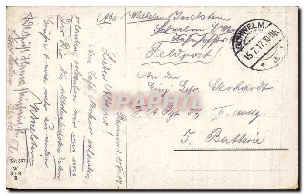 Soldat et femme marchant dans une rue — scène humoristique avec texte imprimé 'Man steigt nach...' — éditeur Schützmann, n° 5879 - Rückseite