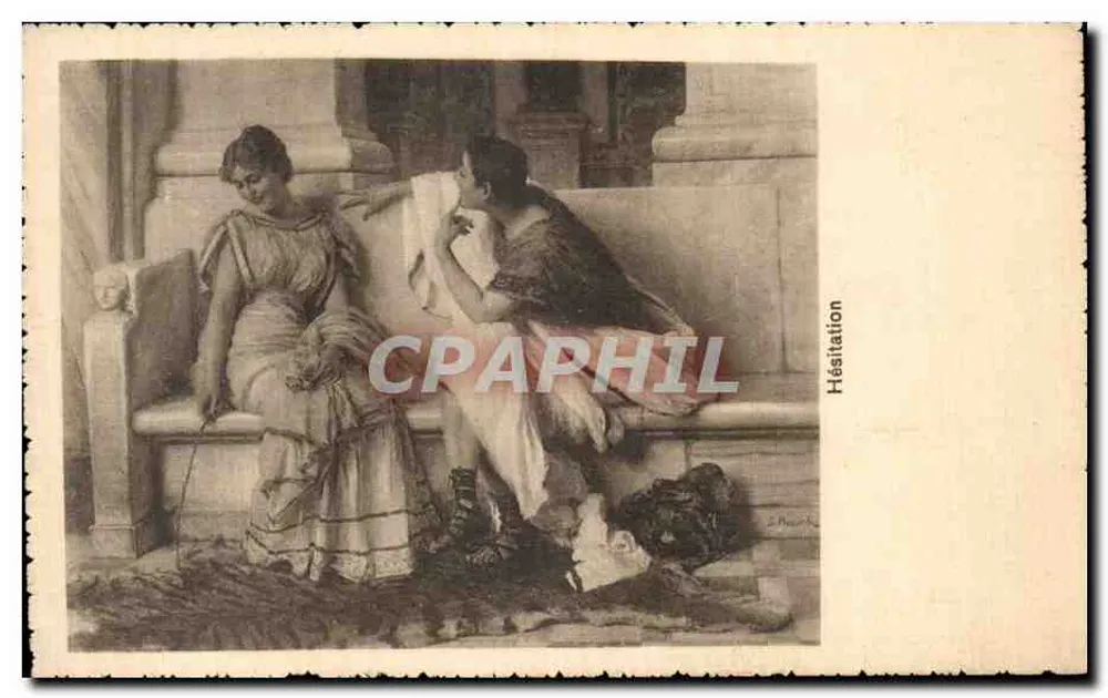Hesitação — Sujeto: duas mulheres em traje antigo — editor F. Gliu - Paris, n° 148 - Frente
