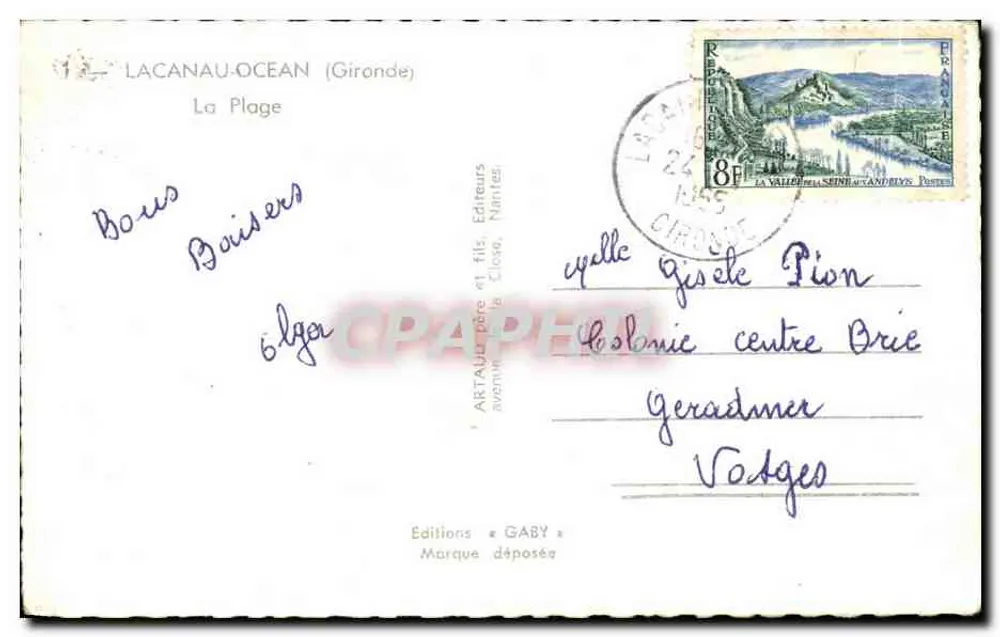 Lacanau-Océan — plage animée avec cabines rayées — Éditions Gaby - Verso