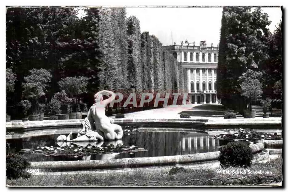 Wiedeń, Zamek Schönbrunn — widok ogrodu z fontanną i statuą — PAG Wien - Awers