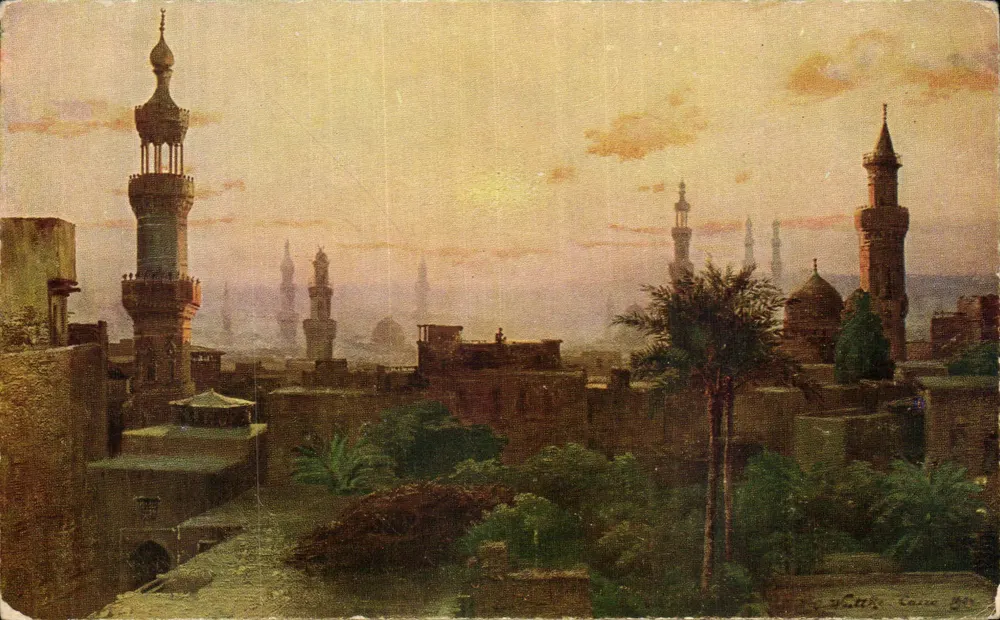 Cairo 's ochtends — uitzicht op minaretten en palmboom — C. Wuttke, R.174 - Voorkant