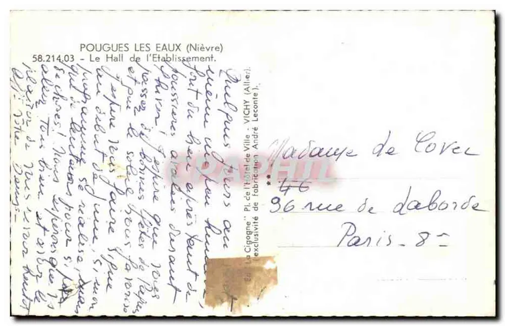 Halle des Kurhauses La Cigogne — Pouguès-les-Eaux (Nièvre) — Verlag André Leconte, n° 58.214.03 - Rückseite