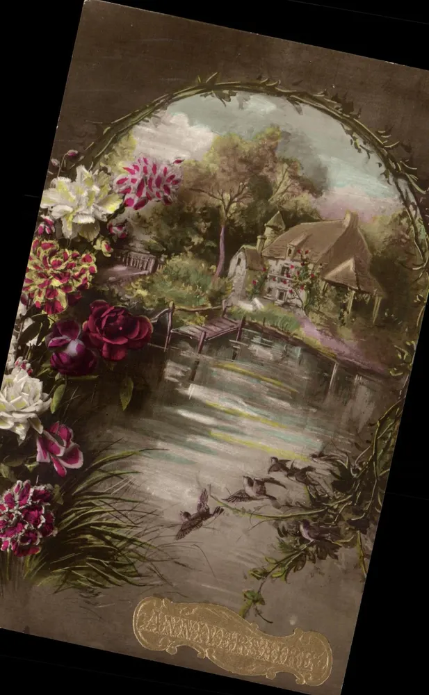 Paisagem de vilarejo ao lado de um lago — moldura floral — editor 'ANNAPOLE' (série não visível) - Frente