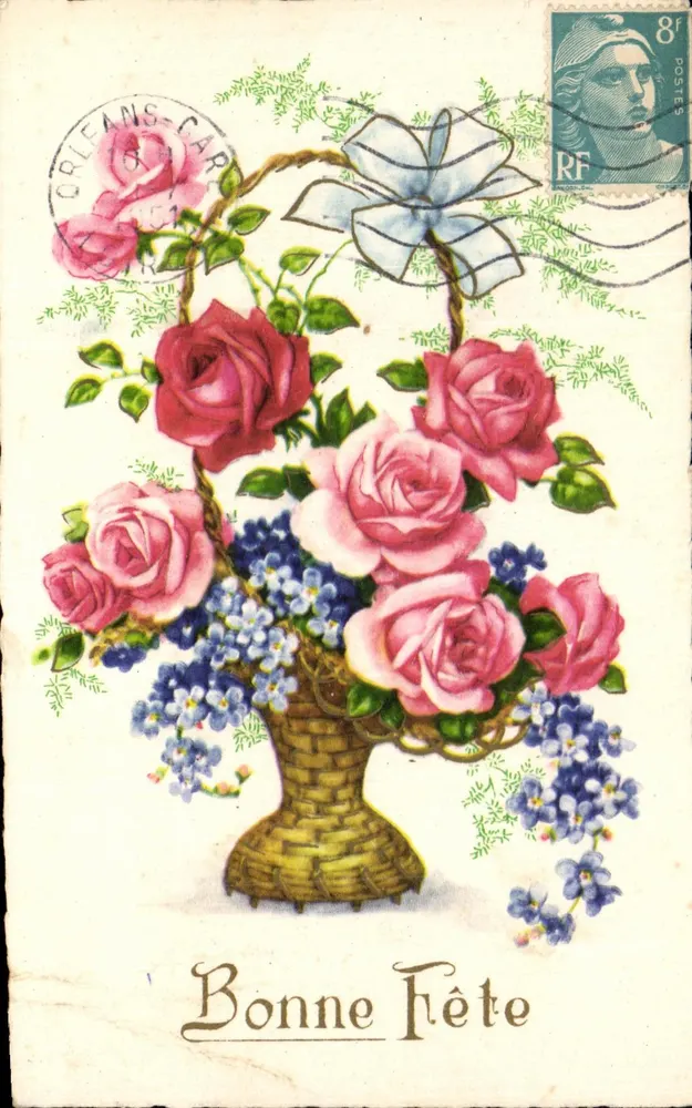 Blütenstrauß aus Rosen und blauen Blumen — Frohe Geburtstagskarte — Verlag nicht sichtbar - Vorderseite