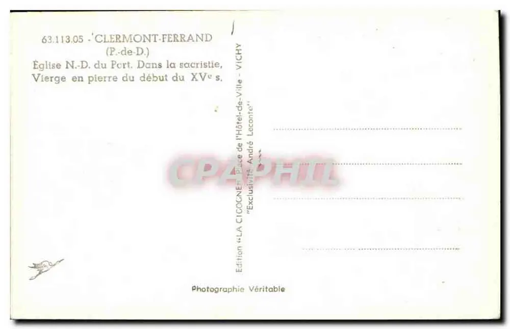 Steinfigur der Jungfrau aus dem frühen 15. Jahrhundert — Kirche Notre-Dame du Port, Clermont-Ferrand — Edition La Cigogne, Vichy - Rückseite