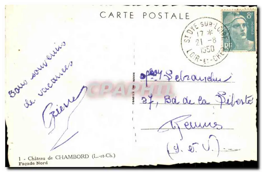 Castelo de Chambord — Fachada Norte — Bilhete postal antigo n°1 - Verso
