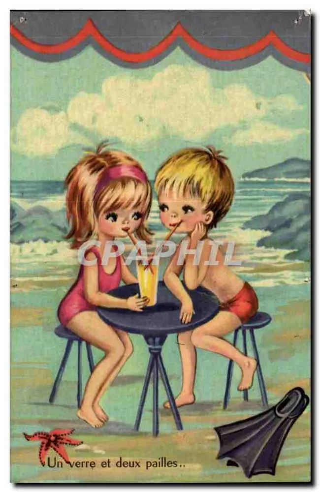 Deux enfants à la plage — scène de plage avec table et verre — éditeur Château-Gontier - Vorderseite