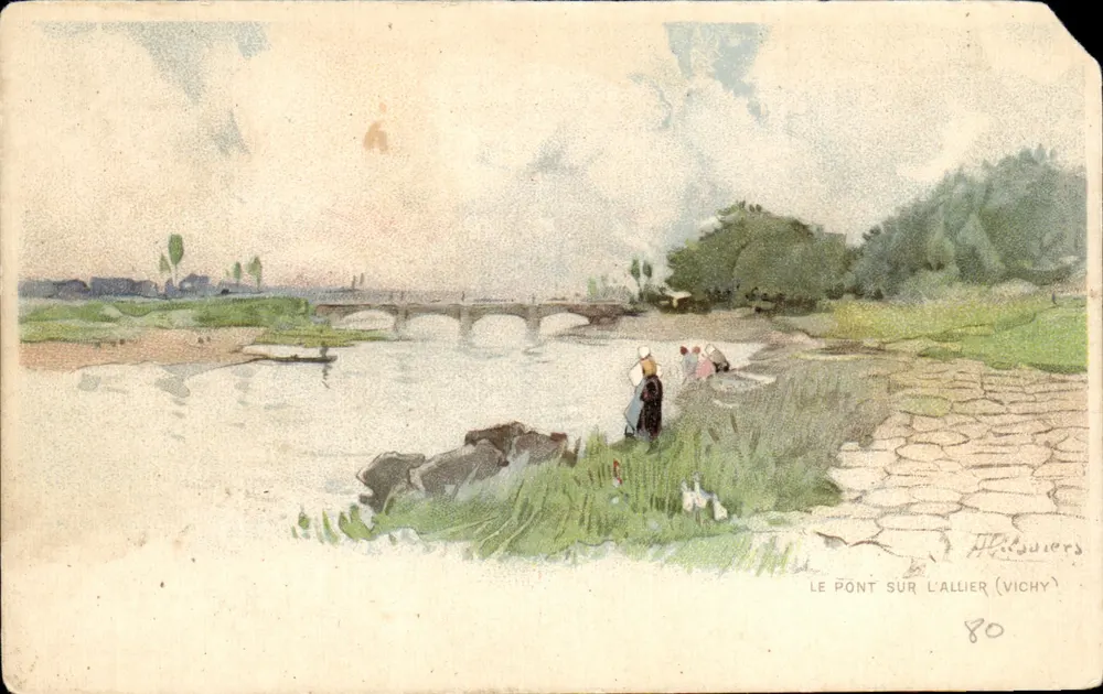 Die Brücke über die Allier (Vichy) — Ansicht der Brücke und der Ufer — A. Pissiers, Nr. 80 - Vorderseite
