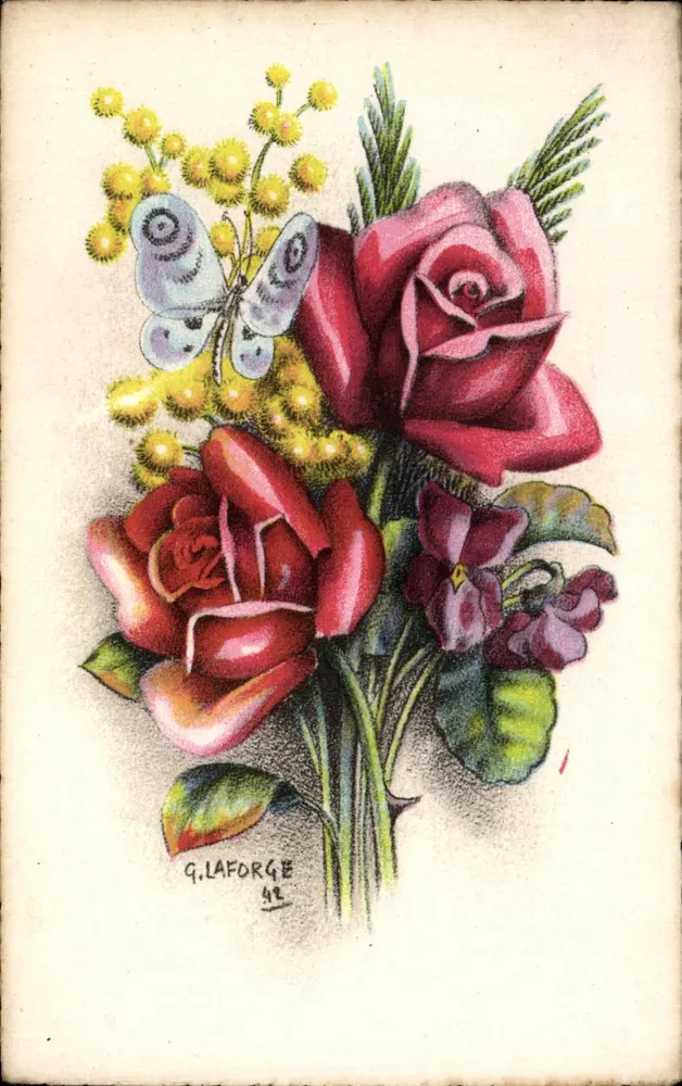 Buquê de flores — rosa, mimosa, pensão — desenho de G. Laforge - Frente