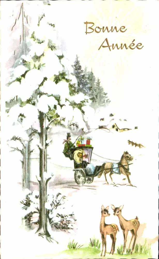 Winterlandschaft mit Kutsche und Hirschen — Frohe Weihnachten — unbekannter Verlag - Vorderseite