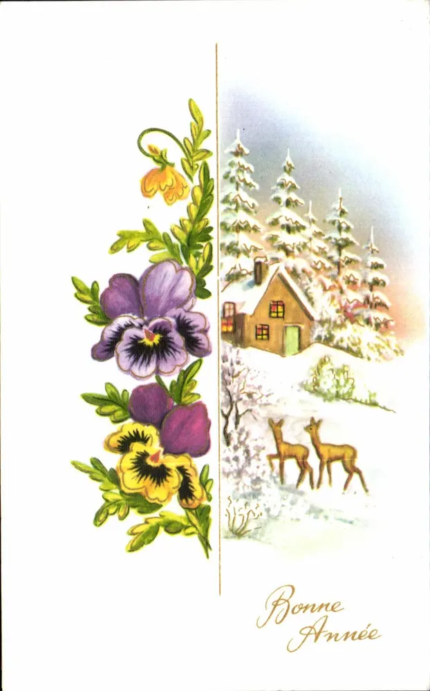 Margeriten und Winterlandschaft — Frohe Neujahr — Verlag nicht sichtbar - Vorderseite