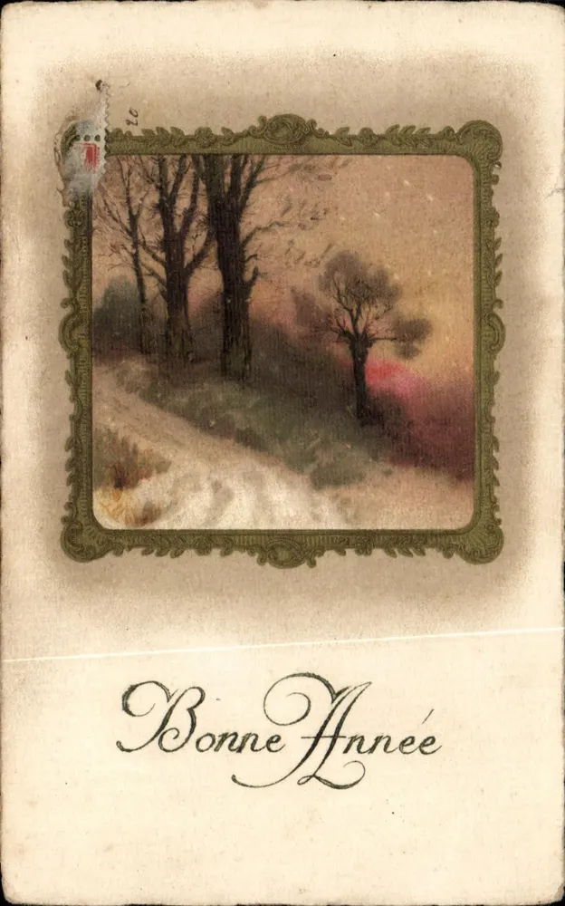 Paysage hivernal — chemin enneigé bordé d'arbres nus — éditeur non visible - Vorderseite