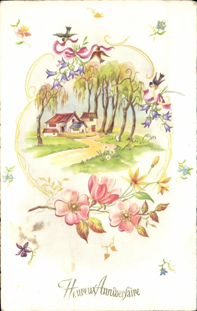 Paysage printanier avec maison — 'Heureux Anniversaire' — M.D. PARIS, série N° 470 - Recto