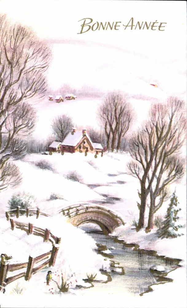 Winterlandschaft — schneebedecktes Haus und Brücke — Bonne Année - Vorderseite