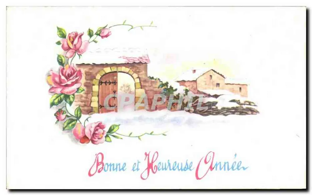 Vila nevada — rosas decorativas — 'Bom e Feliz Ano' — editor desconhecido - Frente