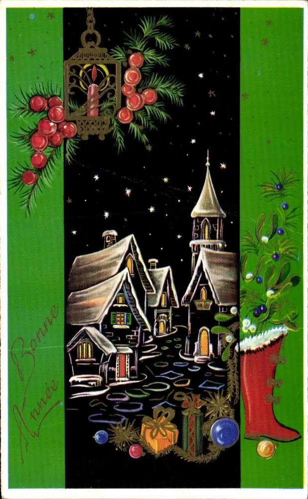 Natal — vila nevada sob céu estrelado — Impressoria M.D. Paris, série n° 6140 - Frente