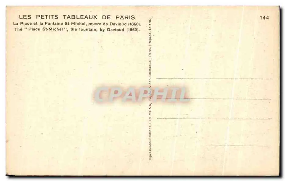 Place Saint-Michel — die Fontäne — Verlag Mona, n° 144 - Rückseite