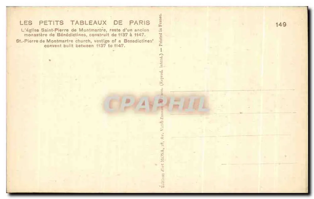 Kirche Saint-Pierre von Montmartre — Reste eines alten Benediktinerklosters — Verlag Mona, Nr. 149 - Rückseite