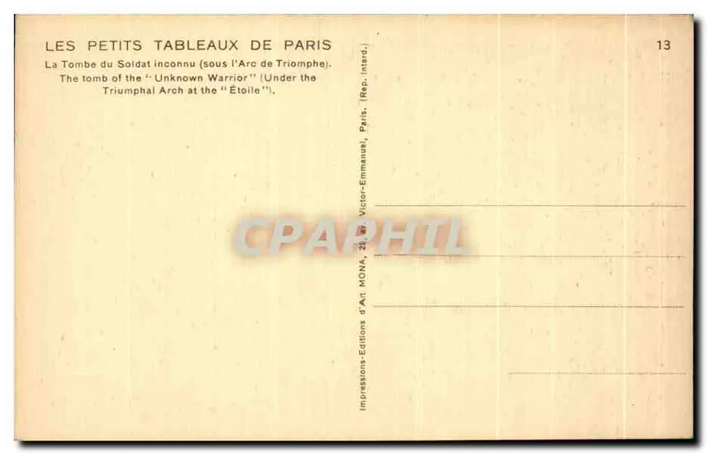 Arc de Triomphe — Grab des Unbekannten Soldaten — Verlag MONA, Nr. 13 - Rückseite