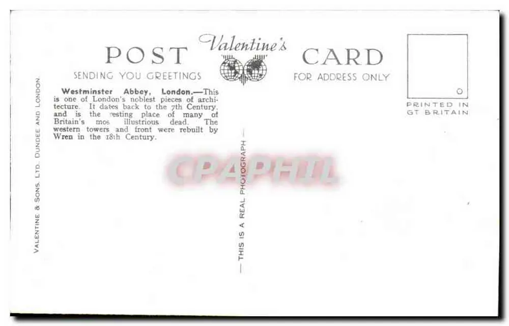 Westtürme, Westminster Abbey, London — H 6047 — Valentine & Sons, Ltd. - Rückseite