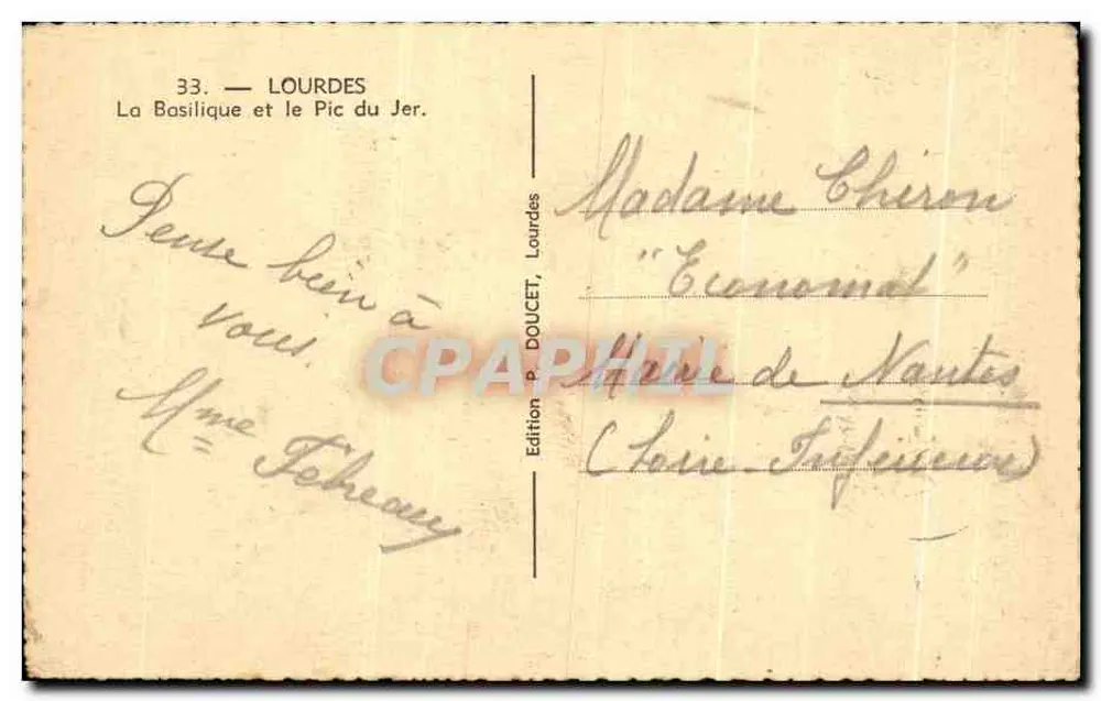 Lourdes — A Basílica e o Pic du Jer — Edição Doucet, Lourdes - Verso
