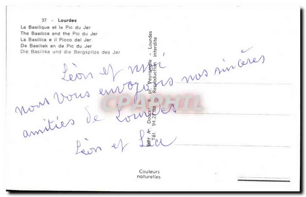 Lourdes — La Basilica e il Pic du Jer — Editore Ar. Douce, n° 37 - Verso