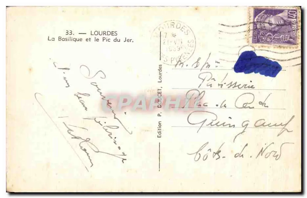Lourdes — A Basílica e o Pic du Jer — Edição P. DOUCET, n°33 - Verso