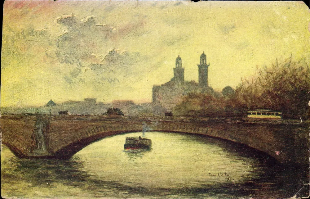 Vue de Paris — Pont et bateau sur la Seine avec les tours de Notre-Dame — dessin de Ben Cate, 1904 - Frente