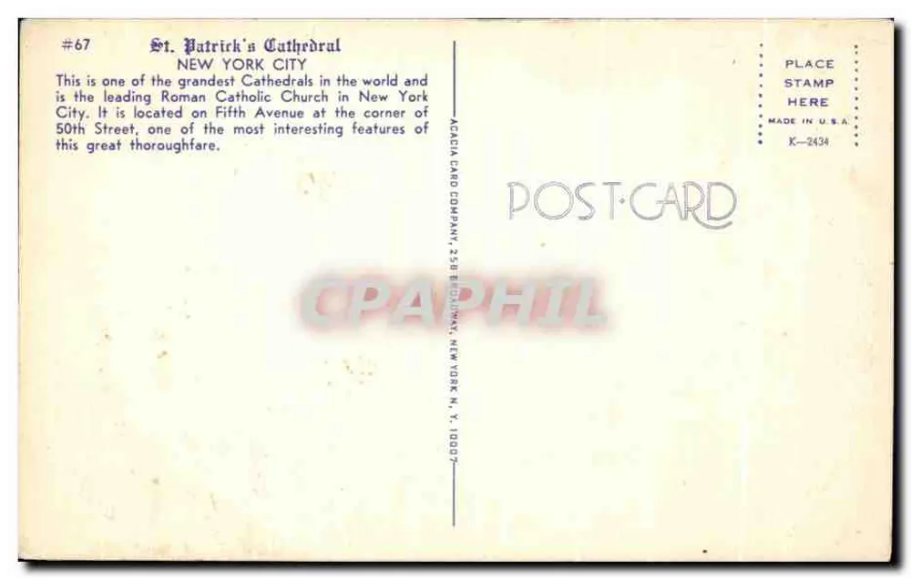 St. Patrick's Cathedral — New York City — ACACHIN CARD COMPANY - Rückseite