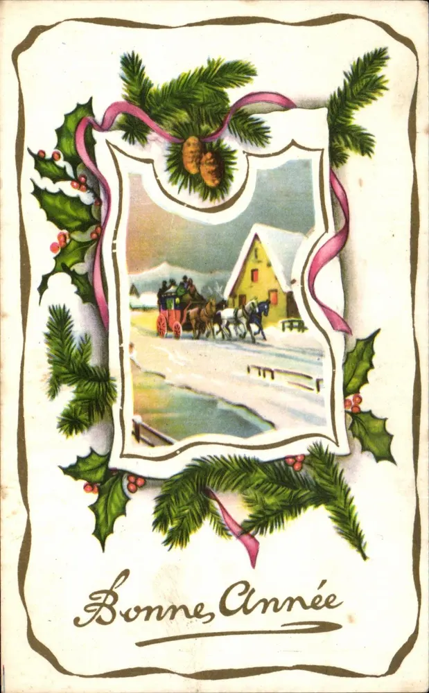 Cena invernal — Boa Ano — Carta postal de Natal - Frente