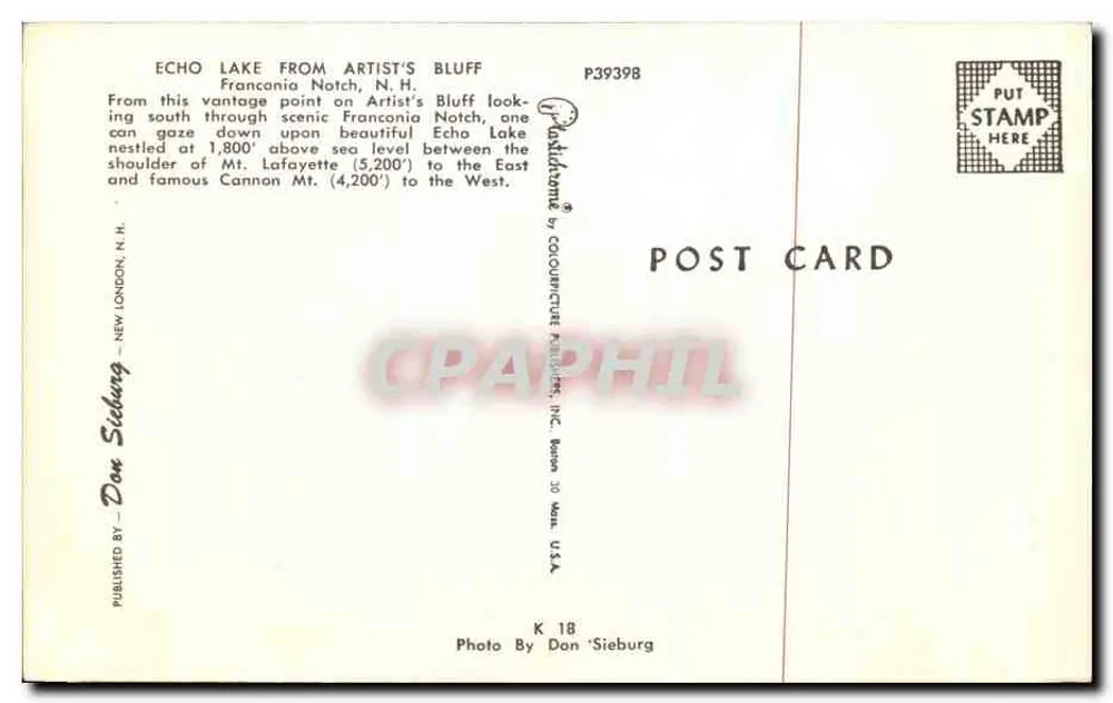 Echo Lake visto do Artist's Bluff — Franconia Notch, N.H. — Publicado por Colourculture Publishers, Inc. - Verso
