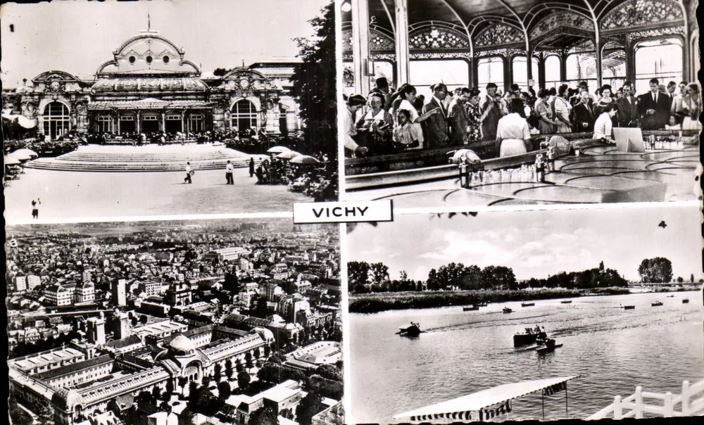 Vichy — Ansicht des Grand Casino, der Quelle Chomel, des Grundrisses der Anlage und des Kanu-Fahrens auf der Allier — Éditions Photo au Borda - Vorderseite