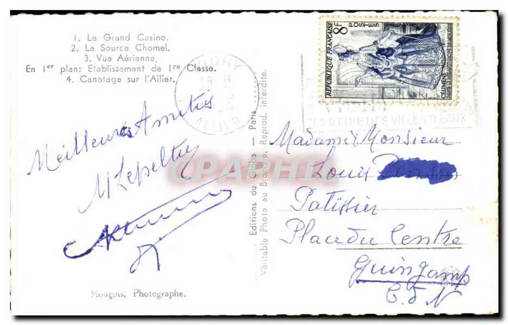 Vichy — Ansicht des Grand Casino, der Quelle Chomel, des Grundrisses der Anlage und des Kanu-Fahrens auf der Allier — Éditions Photo au Borda - Rückseite