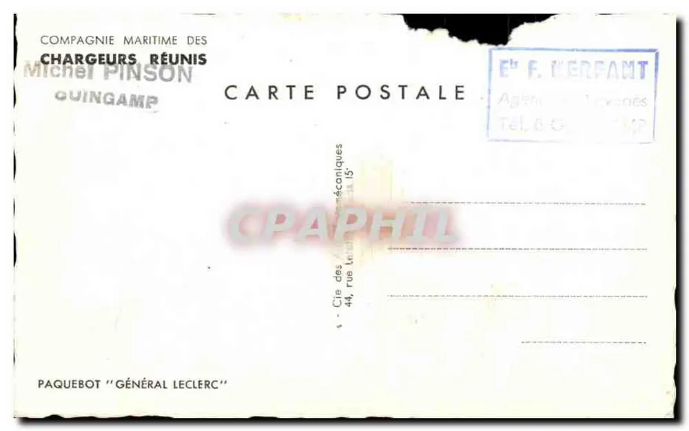 Paquebot "Général Leclerc" — vue en mer — éditeur Compagnie Maritime des Chargeurs Réunis - Verso