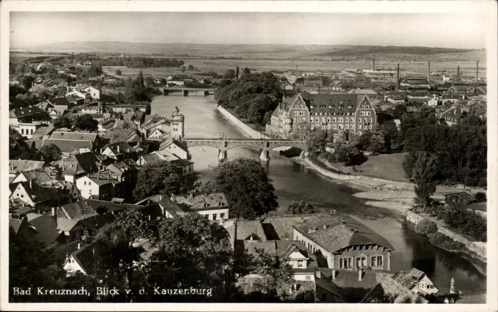 Bad Kreuznach, Blick von der Kauzenburg — Fotografie der Stadt und des Flusses — Mets Fotokarten, Tübingen - Vorderseite