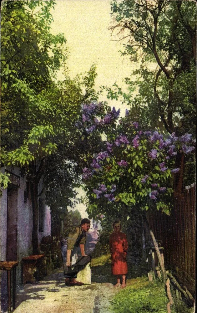 Cena de rua com lilás — Photochrome — série 395, n° 4521 - Frente