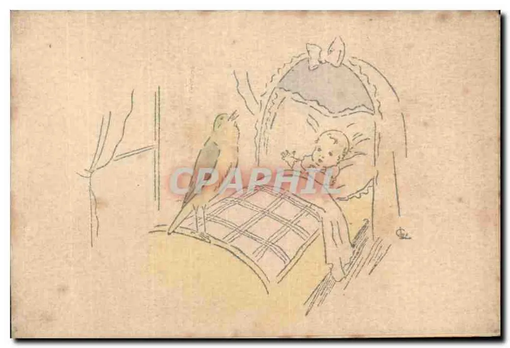 Baby im Kinderwagen — Vogel auf dem Bett — einfache Illustration - Vorderseite