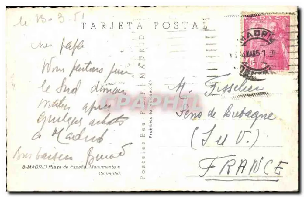 Madrid - Monumento a Cervantes — Postales Beas, n°8 - Verso
