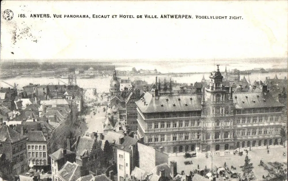 Antwerpen — Panoramablick, Schelde und Rathaus — Vogelvlucht Zicht, n° 165 - Vorderseite
