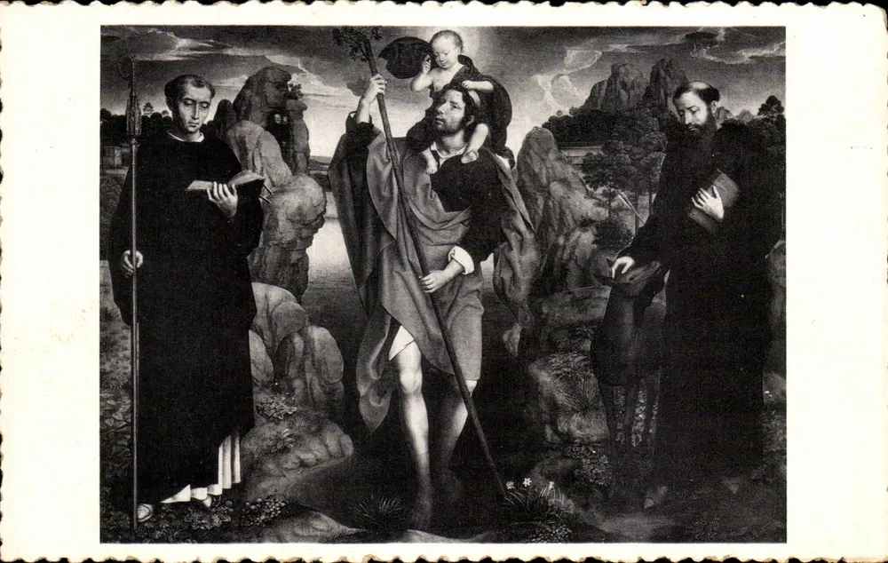 São Cristóvão carregando o Menino Jesus — Família Santa — Hans Memling (†1495) — Painel central do tríptico do prefeito W. Moreel (1484) — Museu Municipal de Bruges - Frente