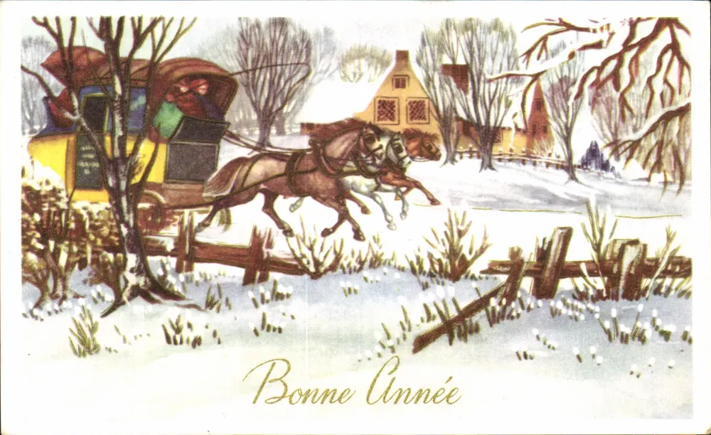 Reiter in einer Winterkutsche — Frohe Weihnachten — illustrierte Karte - Vorderseite