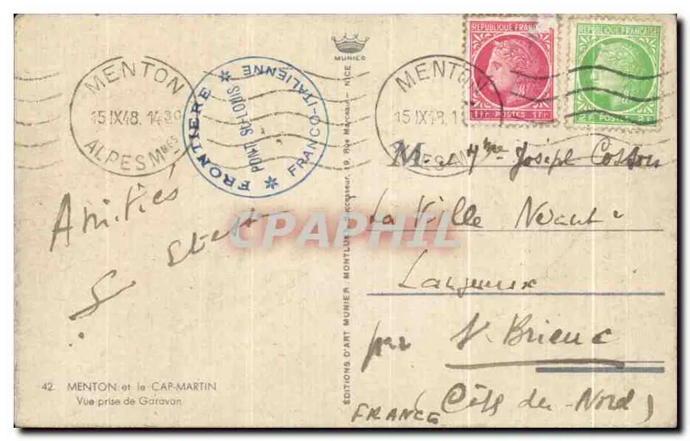 Menton et le Cap-Martin — vue prise de Garavan — Éditions d'Art Munier, n°42 - Rückseite