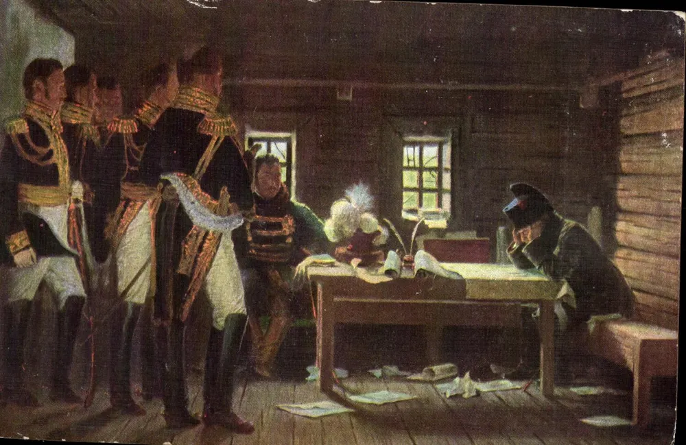 Scène militaire — officiers en uniforme dans une cabane en bois — éditeur I. LAPINA, IMPR. PARIS - Frente