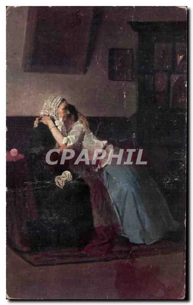 Femme en robe bleue — scène intime dans une pièce sombre — éditeur N. P. Zagorsky - Frente