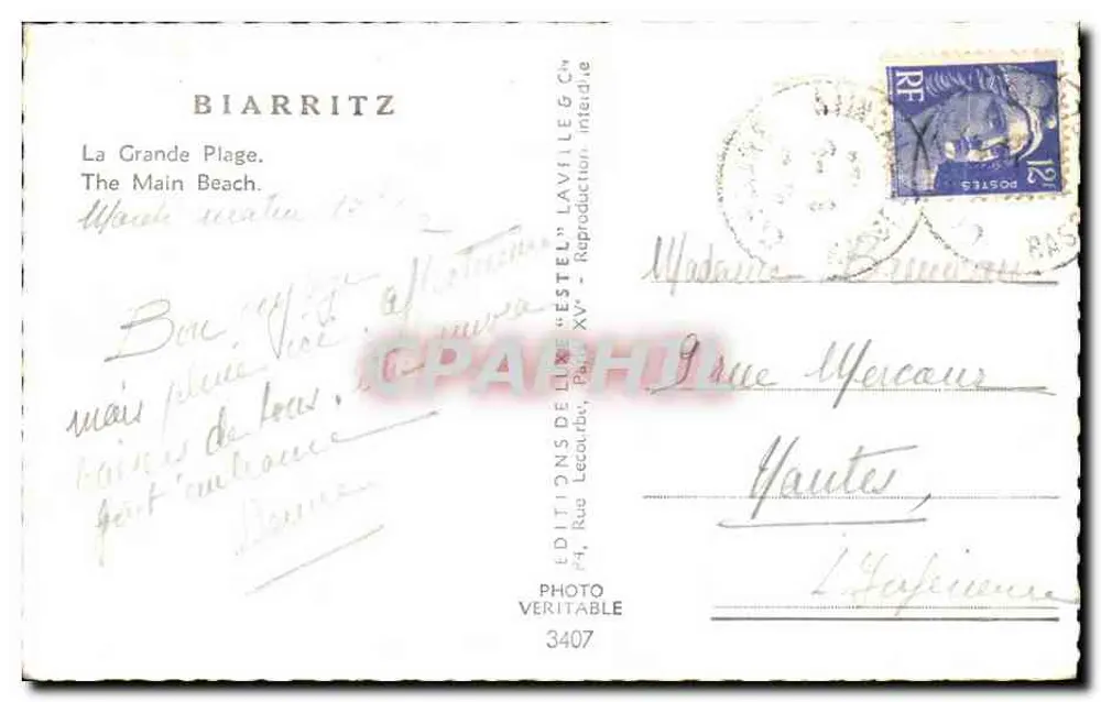 Biarritz — A Grande Praia — Edições d'Estel, n°3407 - Verso